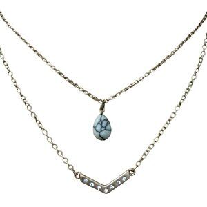 Layered Gold-Tone Necklace With Chevron Rhinestone Bar & Faux Turquoise Pendant